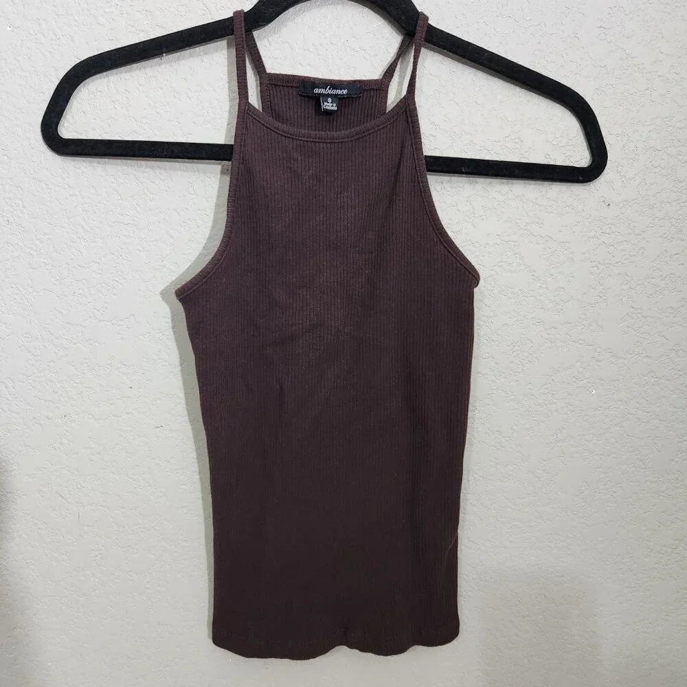 Ambiance Tank Top Womens Small Brown Ribbed Cotton Blend Stretchy